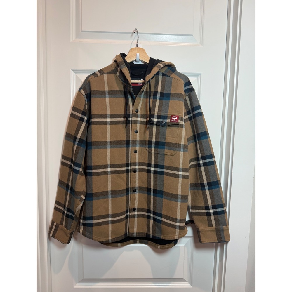 Wolverine Mens Plaid Hooded Flannel Shirt Jacket Tan Blue Fleece Lined Medium
